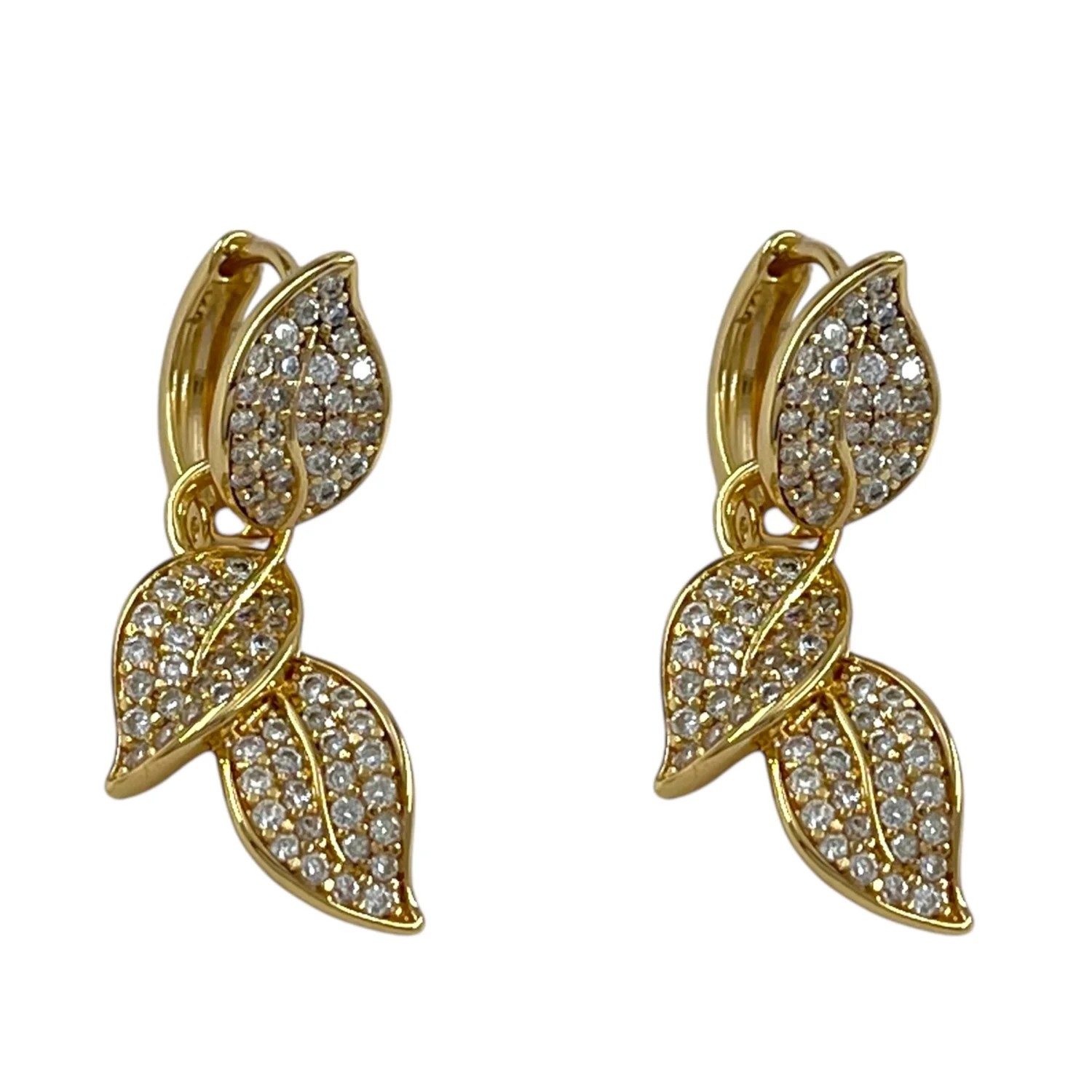 گوشواره زنانه ژوپینگ مدل برگ طرح برگ نگین‌دار طلایی