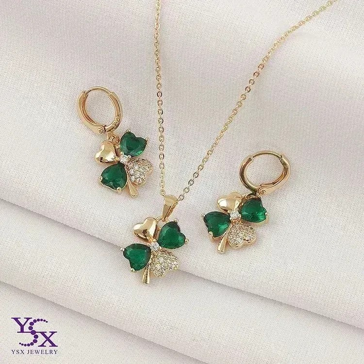 نیمست گوشواره و گردنبند دخترانه طرح شبدر زمردی برند YSX