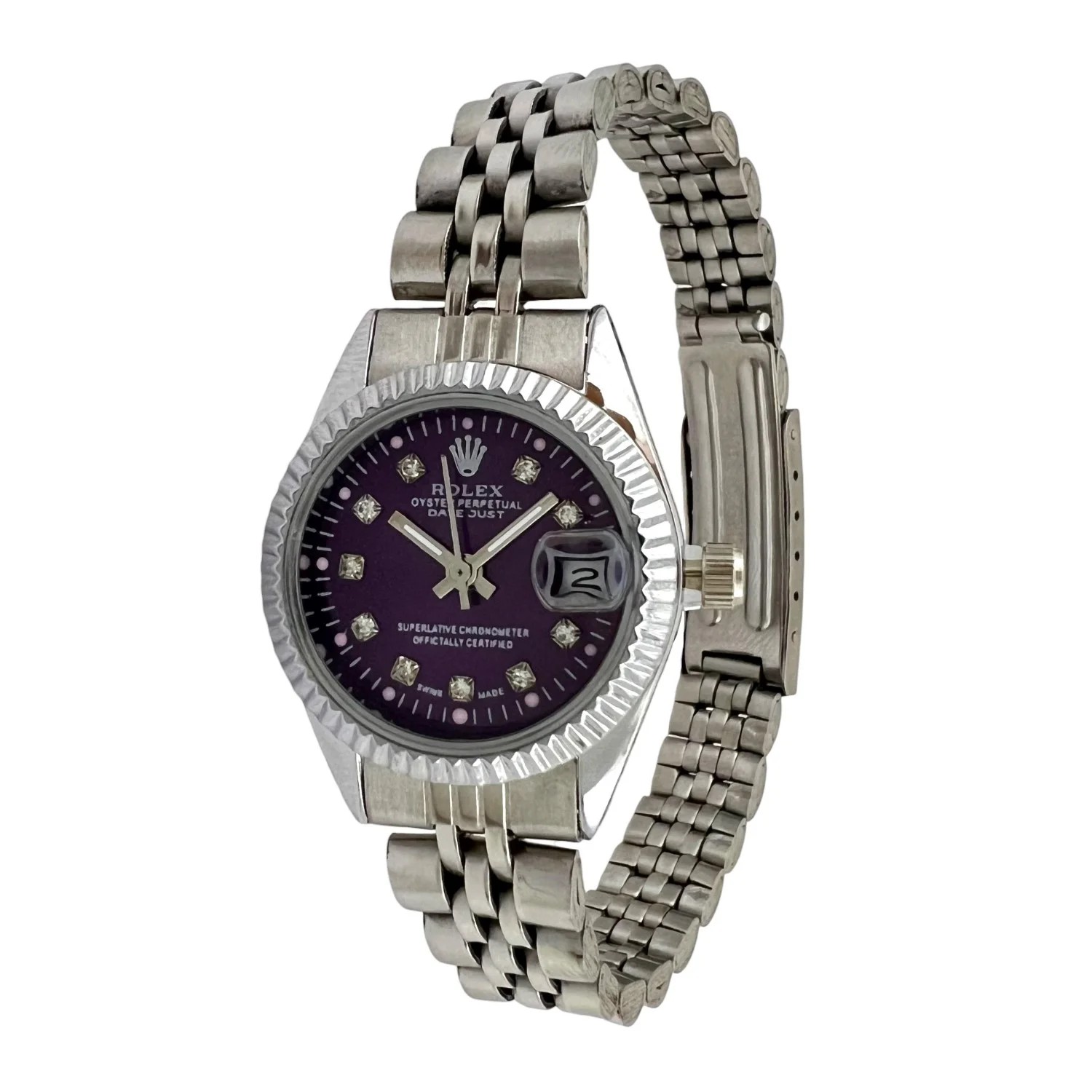 ساعت مچی زنانه طرح Rolex با صفحه بنفش و نگینهای درخشان