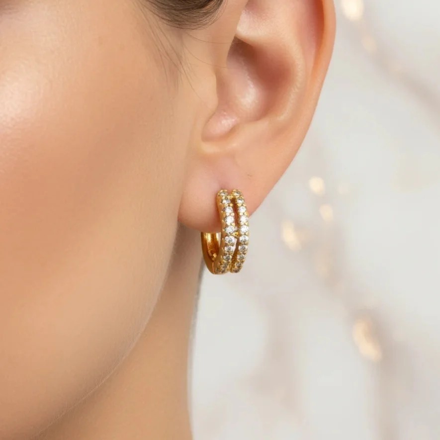 گوشواره حلقهای زنانه ژوپینگ مدل سپهرک طرح جواهری نگیندار طلایی دو ردیفه