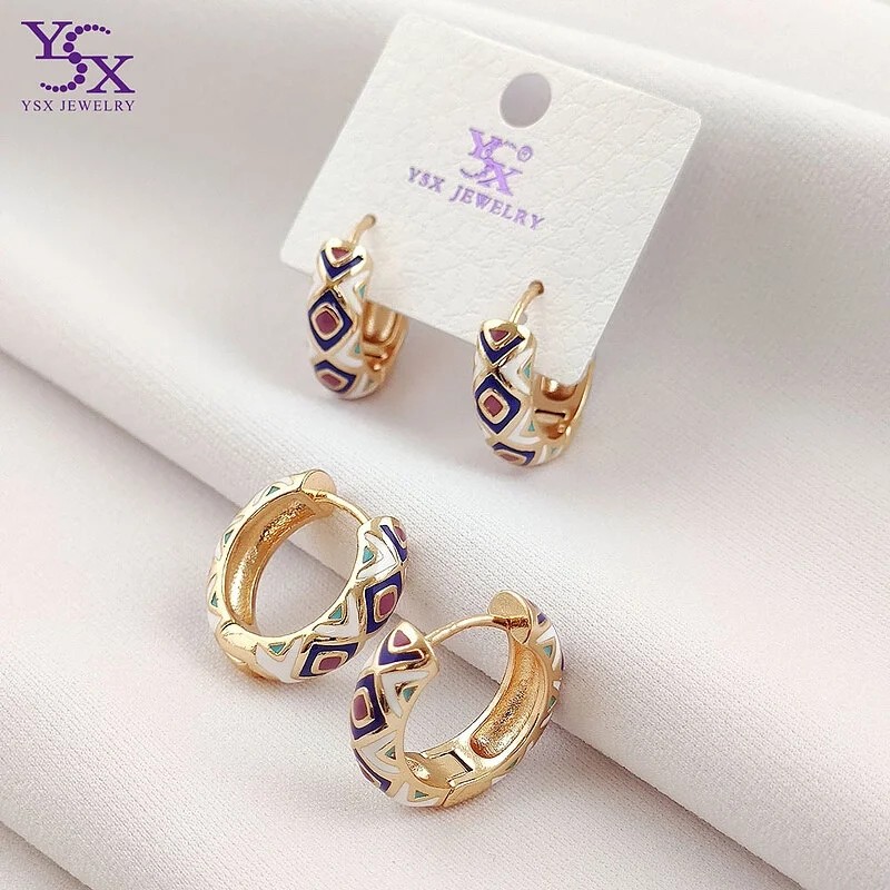 گوشواره حلقه ای میناکاری طرح الماس با روکش طلا برند YSX