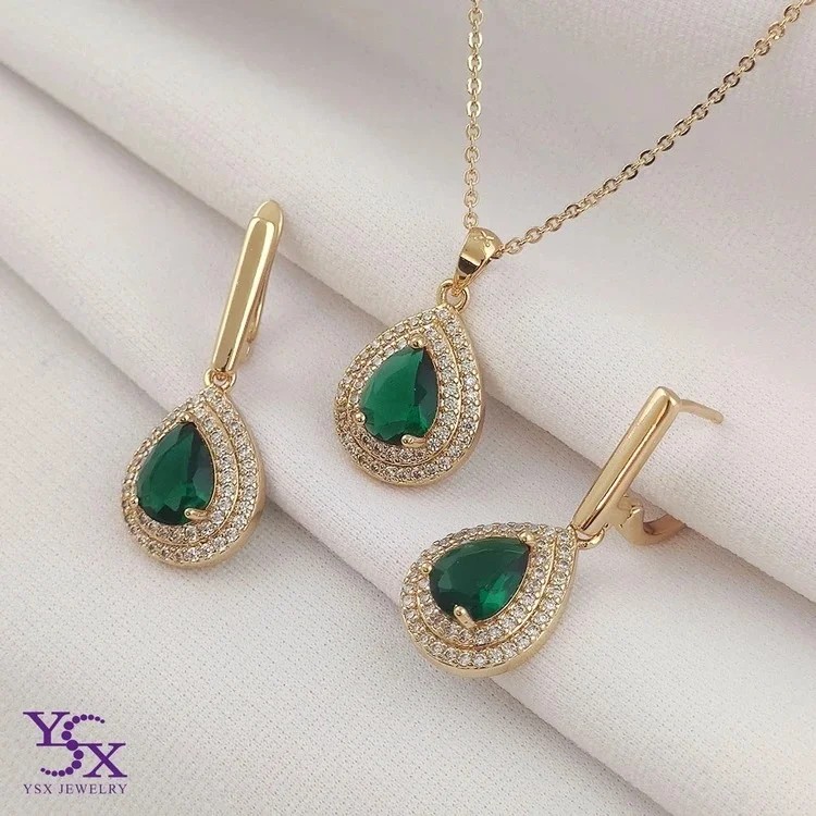 نیمست گوشواره و گردنبند زنانه جواهری طرح زمردین برند YSX