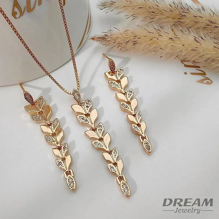 نیمست گوشواره و گردنبند زنانه طرح گندمی آویز نگیندار برند DREAM